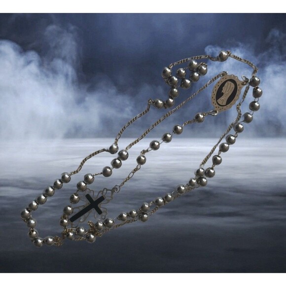 Vintage Catholic Rosary  17” Silver Beads Gold Tone Chain, Mary Medal & Crucifix - Picture 3 of 10